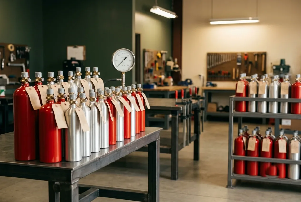 Rows of red and aluminum extinguisher cylinders with service tags standing on a shop bench beside a test gauge, with more tagged cylinders on a wall rack in a clean workshop.
