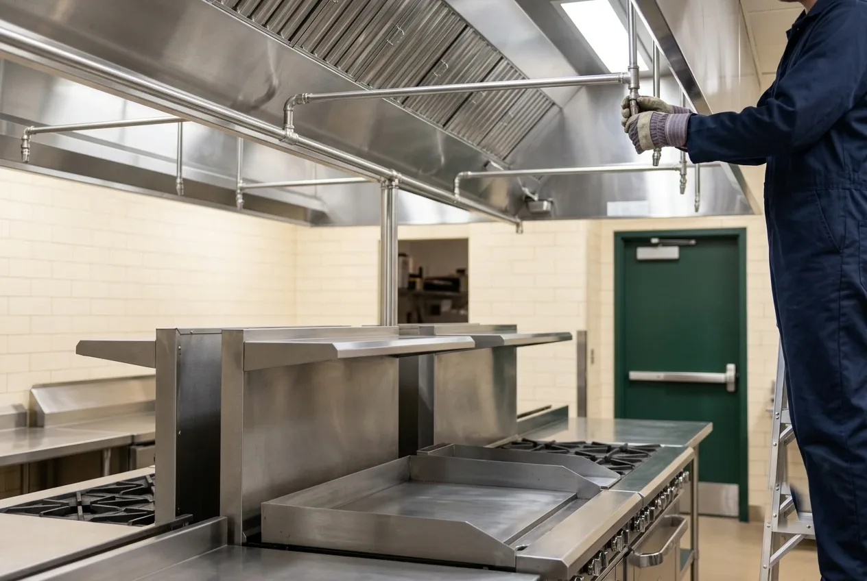 A worker in coveralls on a step-ladder servicing the stainless-steel exhaust hood and suppression piping above a commercial kitchen range and flat-top griddle.