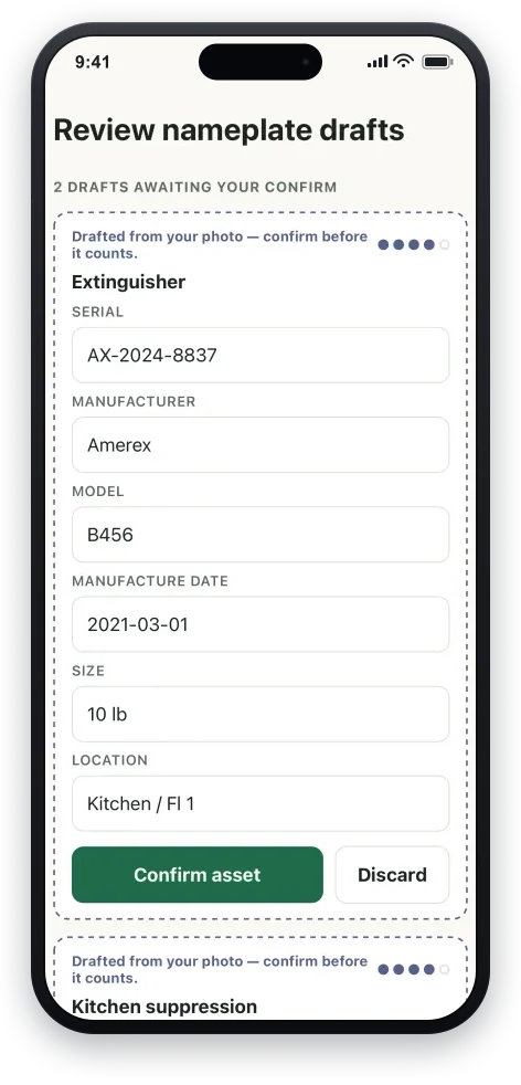The GaugeRoute review queue on a phone: a nameplate parsed from a photo into a draft asset — serial, manufacturer, model, manufacture date, size, and location — with Confirm asset and Discard buttons and a note that a draft counts only once you confirm it.