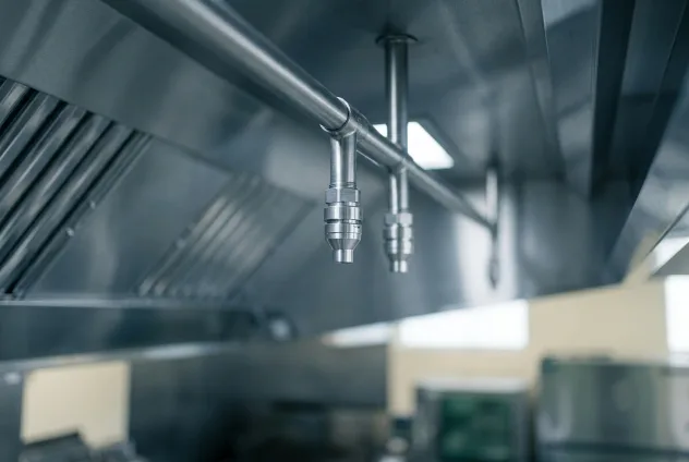 A stainless steel commercial kitchen hood with suppression discharge nozzles and distribution piping running along its underside.