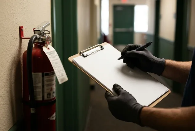 A technician in dark gloves holding a clipboard beside a wall-mounted red extinguisher and its service tag in a green-trimmed hallway.