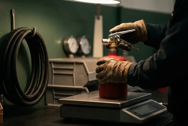 A technician in leather gloves servicing a small red extinguisher standing on a bench scale, a coiled hose and gauges on the wall behind.
