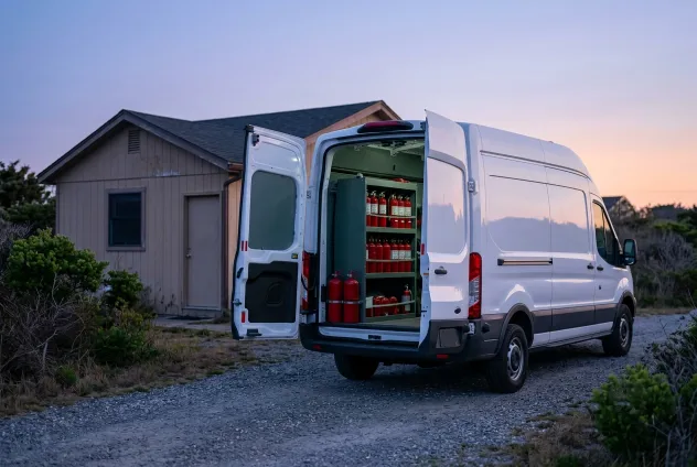 A white service van at dusk with its rear doors open, showing a tidy interior rack of red extinguishers, parked on gravel beside a small shed.