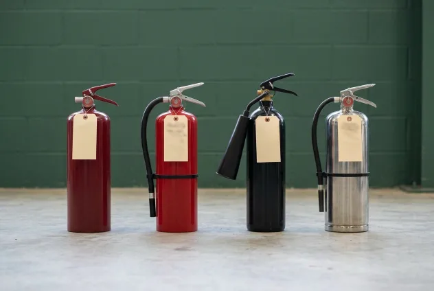 Four portable extinguishers of different agent types — two red, one black, one polished chrome — standing in a row against a green wall, each with a service tag.